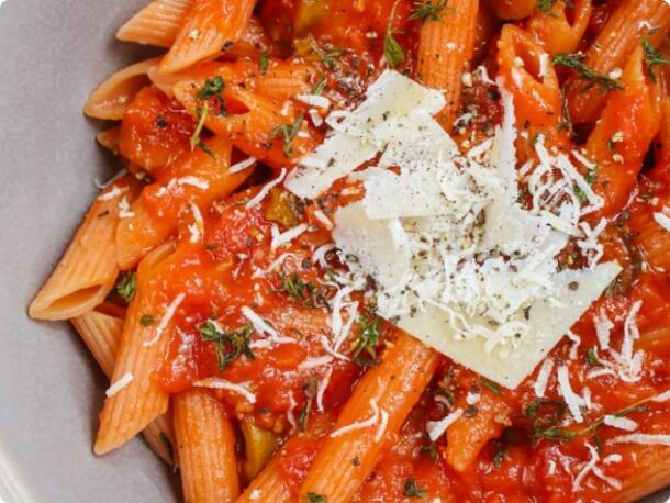 A fresh pasta dish at Woodford Manor Aged Care, illustrating resident-led menu choices and nutritious dining.
